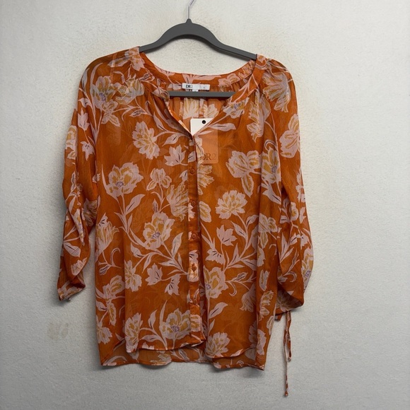NWT DR2 Blouse Orange Sheer 3/4 Sleeve S Cinch Sleeve - Picture 1 of 7